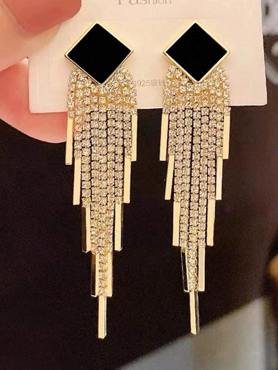 1 Pair Rhinestone Long Tassel Earrings For Women – Elegant Lightweight Dangle Statement Earrings, Sparkly Chic Accessories For Party, Evening, Or Formal Wear, Eye-Catching Jewelry For Weddings, Proms, Or Special Occasions - Gold - View 1