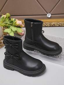 1 par de botas lindas y de moda para niñas, para otoño/invierno, con decoración de moño, cálidas, para la escuela/exterior, botas casuales para bebé/niño pequeño, botas para todas las estaciones