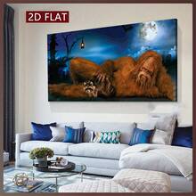 1 pièce Impression sur canevas style Art déco sans cadre, homme de bande dessinée avec animal dans la forêt de nuit étoilée, œuvre d'art de paysage, décoration pour la maison, le bureau, le salon, la chambre, le restaurant, le bar - intérieur et extérieur sans cadre 50x100cm/19,68x39,37 pouces