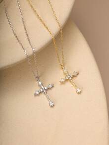 1pc S925 Sterling Silver Gold Plated Zirconia Cross Pendant Necklace - Hypoallergenic Platinum Plating - Minimalist Classic Zirconia Teardrop Cross Design - Matching Cross Set Available - Pure Silver Jewelry - Women Necklace - Choker - Suitable As Holiday Gift - Daily Wear - Stackable - Multicolor - View 4