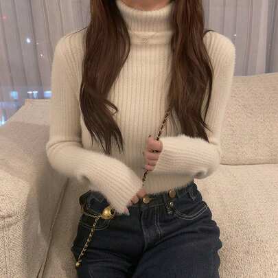 여성용 단색 터틀넥 긴소매 피트 캐주얼 스웨터, 가을/겨울