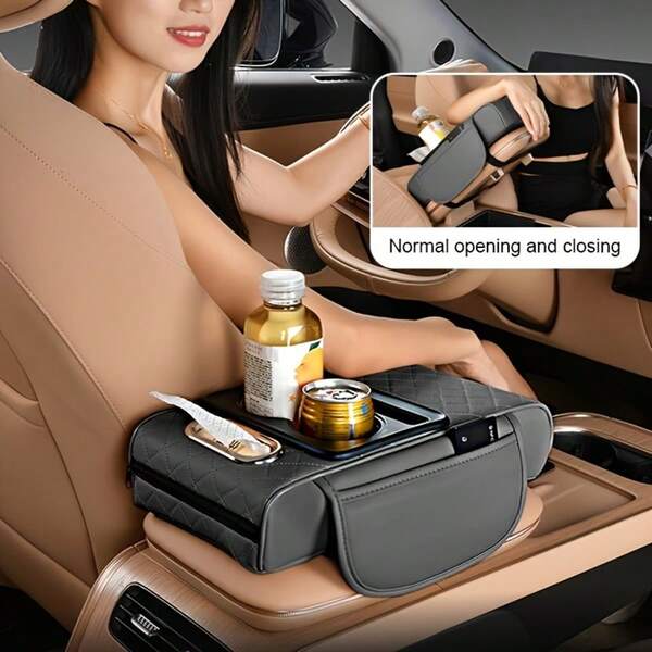 Multifunctional Car Armrest Box Center Console Mat, PU Leather Anti-Slip Pad With Cup Holder And Paper Box