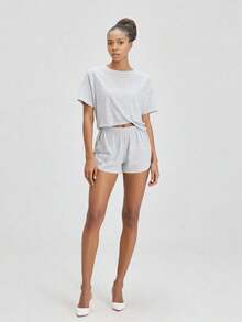 Split Short Pajama Set, Womens Striped Pajamas Set,Two Piece Set Striped Print Drop Shoulder Tee Wrap Split Shortshalloween - 灰色的 - 查看 5