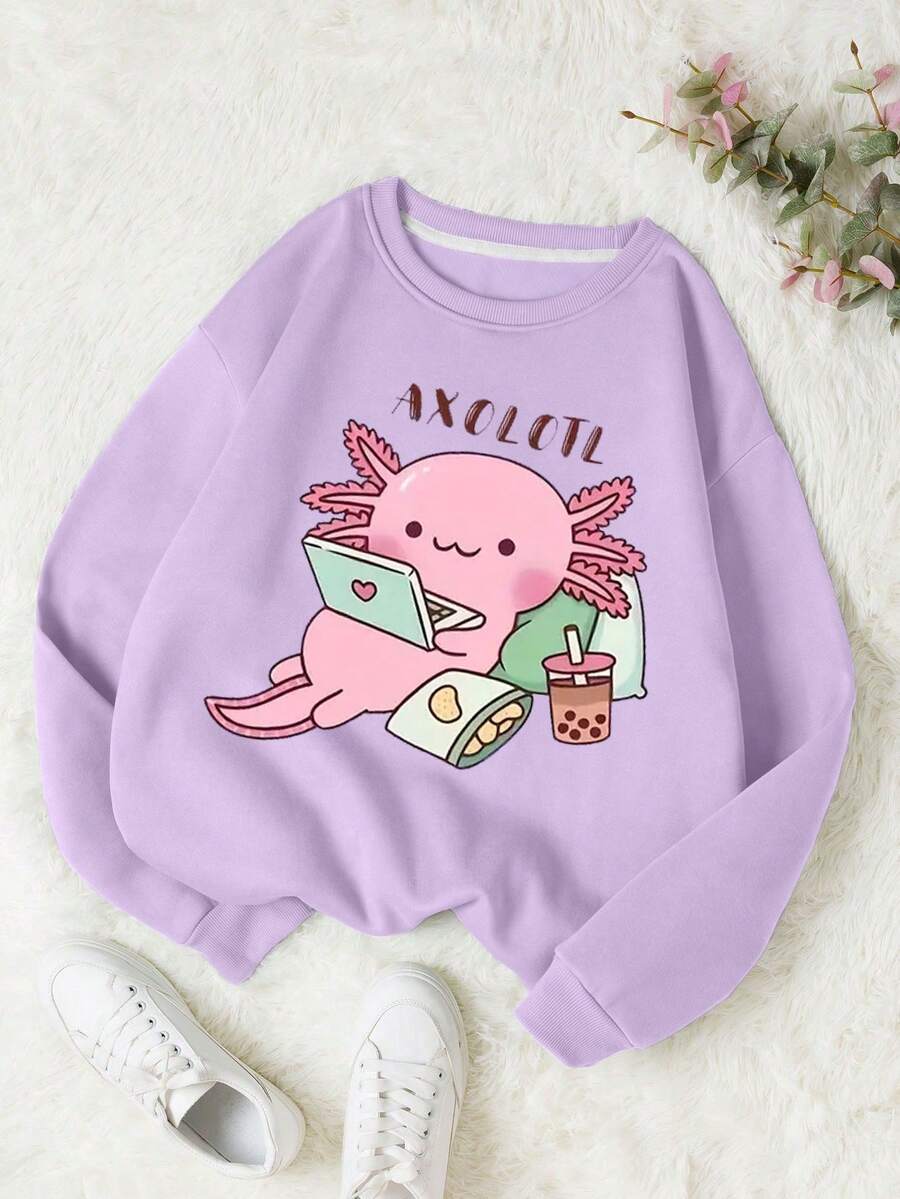 少女卡通墨西哥钝口螈印花圆领卫衣，休闲舒适，秋冬时尚可爱 - 淡紫色 - 查看 1