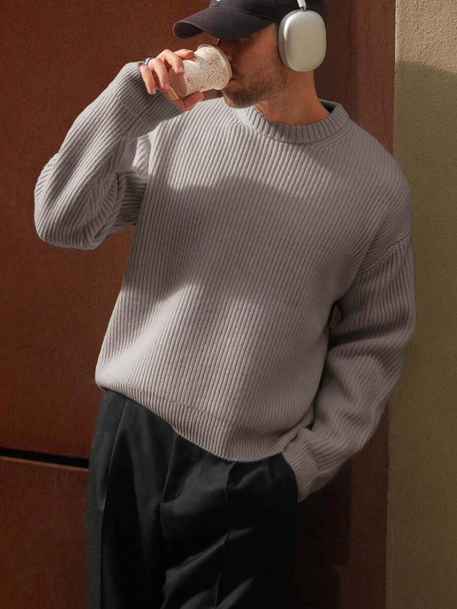 ANDREILEE 男士休闲纹理圆领毛衣,宽松保暖套头衫,适合春、秋、冬季穿着 - 灰色 - 查看 1