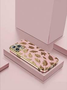 1pc Pink Electroplated TPU Gold Leaf Pattern Shockproof Full Coverage Phone Case Compatible With Apple/Matching Phone Case/Interesting Phone Case/Android Phone Case - Multicolor - View 1