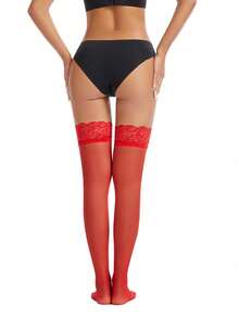 1双欧美风加大码女士过膝长筒袜，性感蕾丝边透明丝袜，诱人蕾丝过膝袜，舒适长袜 - 紅色 - 查看 5