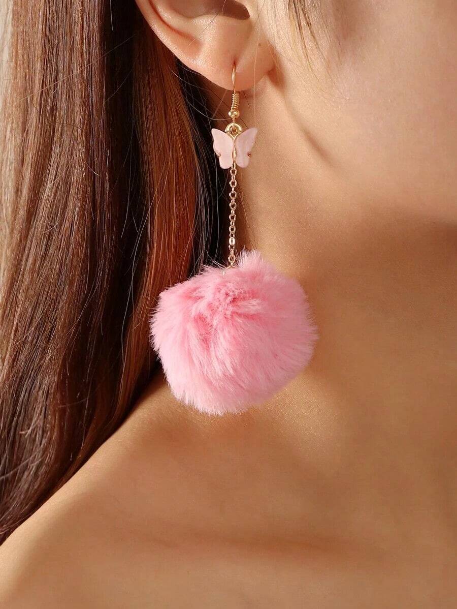NAIZHU 1 Pair Pink Velvet Ball & Butterfly Dangle Earrings For Women, Cute Fashion Jewelry Accessory, Stylish Statement Earrings For Daily Wear Or Party, Sweet Lightweight Accessory, Perfect Gift Idea For Girls, Teens & Ladies - 粉色 - 查看 1