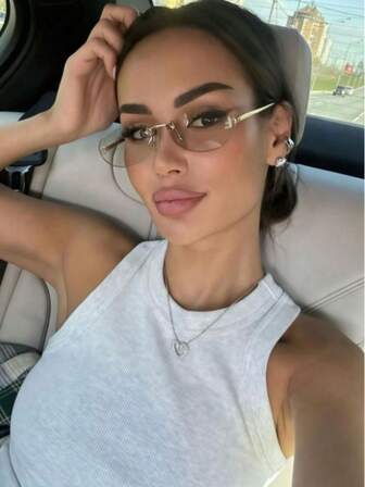 1pc Small Frameless Oval Fashion Glasses, Metal Letter Accessories, Personalized Retro , Versatile And Elegant Women's Fashion Glasses Suitable For Daily Wear, Street Photography, Vacation, Beach Accessories Back To School