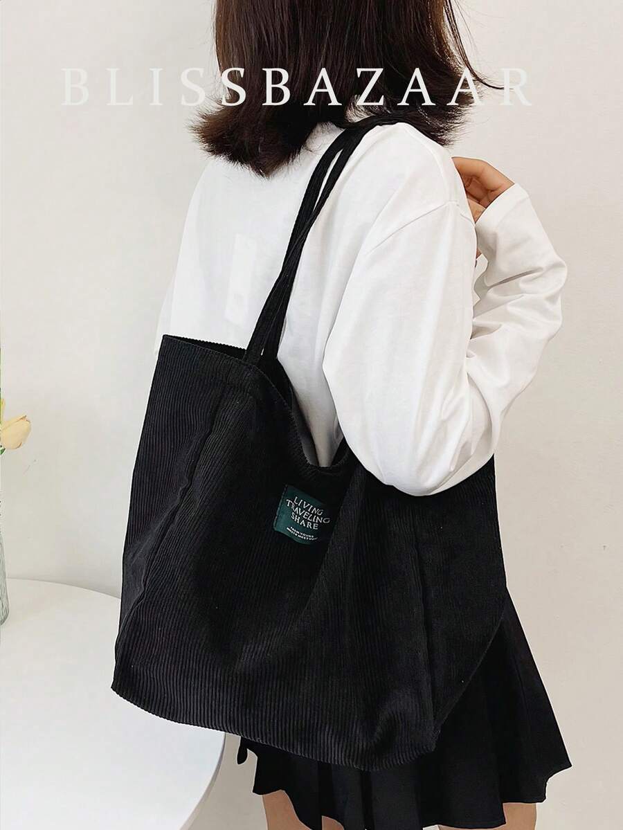 輕量商務休閒字母貼花裝飾燈芯絨購物包適合青少年女孩女大學生、新秀和白領，非常適合辦公室、大學、工作、商務、通勤、戶外、旅行、郊遊 - 黑色 - 查看 1