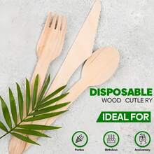 100/50 piezas Juego de cubiertos desechables de madera, adecuado para 100 invitados, hecho de madera de abedul de alta calidad y compostable, ideal para cumpleaños, bodas, fiestas, reuniones, actividades de equipo, escuela, vuelta al cole, restaurantes, cocina, cenas navideñas, también es un gran regalo para familiares, amigos y mayores