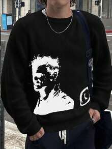 Jersey de punto con retrato y letra intarsia para hombre, de ajuste holgado casual, cálido y versátil, adecuado para primavera, otoño e invierno - Negro - Ver 1