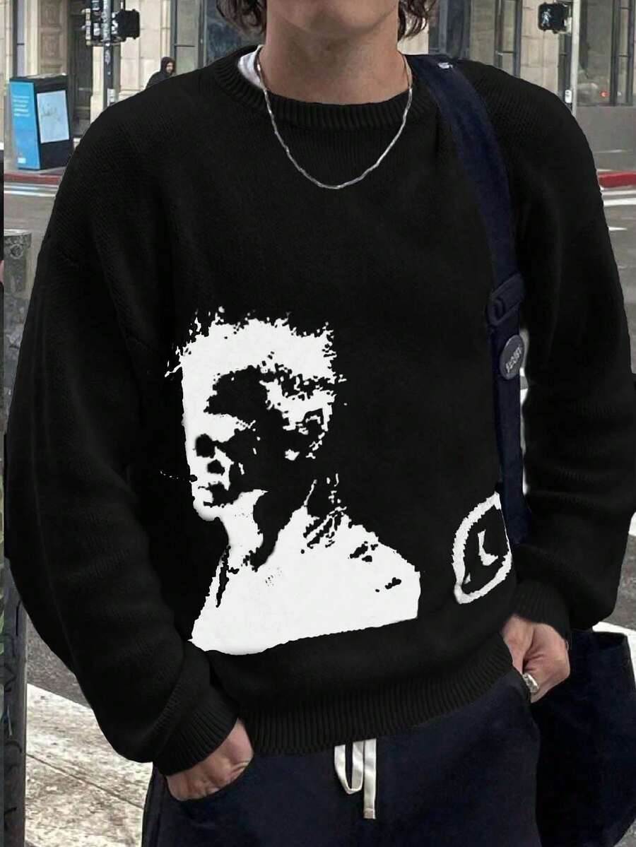 Jersey de punto con retrato y letra intarsia para hombre, de ajuste holgado casual, cálido y versátil, adecuado para primavera, otoño e invierno - Negro - Ver 1