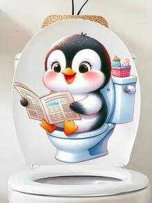 1pc Home Decorations Cute Funny Cartoon Animals Newspaper Reading Toilet Sticker - Waterproof Self-Adhesive Bathroom Sticker, Compatible With Ceramic Surfaces, Animal Theme, Square, Must-Have Decorative Sticker For Home, Toilet Decoration Items Refresh Your Home