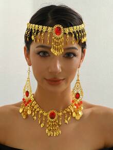 1 Set Glamorous Dance Earrings, Headdress, Necklace Combination, Shiny Gold Tassel Bridal Dance Accessories Set