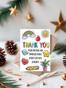 Happy Thank You Teacher Card With Envelope - Vibrant Cartoon Design Featuring Rainbow, Apple And Smiling Face, Ideal For Preschool, Daycare Or Childcare Year-End Gift