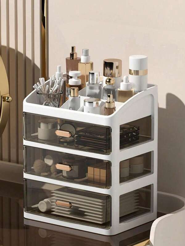 Organizador de maquillaje con cajón - Organizador de escritorio a prueba de polvo de gran capacidad para lápiz labial, cuidado de la piel, brochas de maquillaje, peine y cosméticos - Organizador de uso múltiple para el tocador del baño, la mesita de noche del dormitorio, la mesa de centro de la sala de estar, el escritorio de la oficina - Perfecto para organizar controles remotos, cargadores de teléfono, cajas de palillos, accesorios de TV