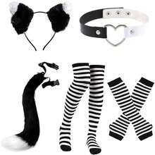 5pcs Cat, Wolf, Fox Tail Headband, Elastic Striped Gloves, Striped Thigh High Socks, Contrast Color Collar, Costume Set Suitable For Party Cosplay - Pink Purple Stripes - View 10