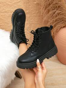 Women's Fashion Thick Sole High Heel Ankle Boots, Autumn/Winter Thick Sole Mid-Heel Short Boots, Outdoor Street Style Fashion College Thin Strap British Wind Student Shoes Personalized Net Celebrity Motorcycle Boots - Black - View 5