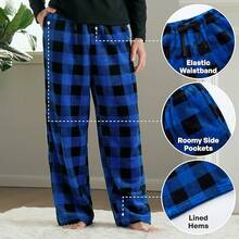 Mens Pajama Pants Soft Flannel Fleece Pajama Bottoms Sleep & Lounge Pants With Pockets And Drawstringhalloween - 黑色和藍色格子 - 查看 11
