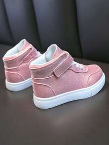 儿童平底防滑高帮休闲鞋，时尚百搭校鞋，休闲步行时尚童鞋，魔术贴扣合女童鞋 - 粉色 - 查看 4