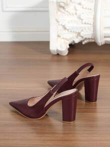 Modne damskie bordowe buty na wysokim obcasie z szpiczastym noskiem, z odsłoniętym tyłem i elastyczną taśmą, na grubym obcasie, w eleganckim stylu europejskim i amerykańskim - Burgund - Zobacz 7