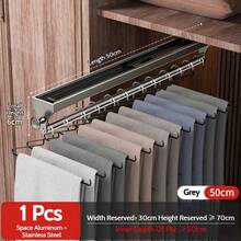 FOOKE 1pc Pull-Out Sliding Clothes Rack, Convenient And Fast, Multi-Functional Wardrobe Storage, With Painted Metal Clothes Hanger, Heavy Duty Adjustable Closet Hanging Rod, Space-Saving Aluminum Alloy Clothes Rack Rail, Suitable For Bedroom Closet, Apartment, Dorm - Grey - View 11