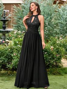 MIUSOL Đầm dạ hội sang trọng, hở lưng, phối ren hoa đính sequin, chất liệu chiffon màu tương phản, xếp ly, thích hợp cho khách dự đám cưới, lễ tốt nghiệp, tiệc chiêu đãi và các dịp khác. Màu đen, thích hợp cho mùa hè. - màu đen - Xem 7