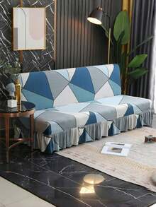 1pc Geometric Pattern Sofa Bed Cover, Armless Minimalist Style, Made Of Polyester Fiber, Suitable For All Seasons - Blue and White - View 7