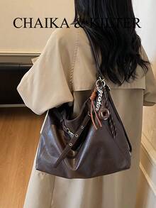 1 chiếc túi đeo vai CHAIKA & KILTER bằng da PU màu trơn, túi hobo cỡ lớn phong cách vintage thường ngày dành cho nữ, trang trí quai xách bằng khoen, dây đeo vai có thể điều chỉnh, khóa kéo, phù hợp cho mua sắm và đi làm hàng ngày. - Cà phê - Xem 8