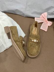 Comfortable Women's Flats, Deep Mouth Thermal Lining For Autumn/Winter, Faux Pearl Metal Decor, Soft Flat Oxfords, Elegant Casual Versatile For All Occasions