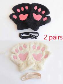 8-16Y Cat Claw Gloves Plush Half Finger Bear Paw Fingerless Gloves Cute Girl Thick Fleece Halter Neck Gloves Cartoon Warm Hands - Multicolor - View 9