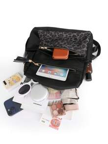 Anti-Theft Leopard Print Tassel Nylon Backpack For Women, Multi-Functional And Stylish Daily Bag, Multi-Pocket Lightweight Travel Bag, Large Capacity Simple School Bag, Convenient Book Bag, Suitable For Students, Nurses, Teachers, Business People, Travel And Vacation, Business Trips, Daily Commuting, Shopping, Office, Dating, Hiking, Training, Work, Birthday Gifts, Holiday Gifts - Multicolor - View 11