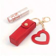 Solid Color Long Lipstick Makeup Bag + Heart-Shaped Small Mirror Pendant] Lipstick Storage Tool, Mini Lip Balm Organizer For On-The-Go Touch-Ups, Travel-Friendly Gift For, Faux Leather Coin Purse, Keychain Storage Bag - 紅色 - 查看 6