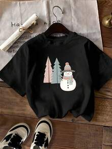 Camiseta con estampado de muñeco de nieve caprichoso y bosque perenne para mujer, camiseta de manga corta cómoda y suave para celebraciones festivas. - Negro - Ver 2