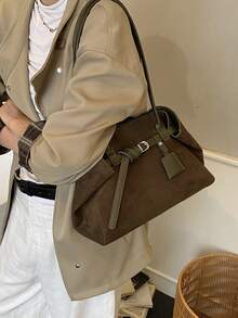 复古绒面革大容量休闲单肩托特包，拼布拼色手提包，优雅百搭通勤托特包，适合女士 - 墨綠色 - 查看 4