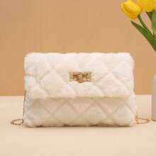 女士毛绒材质斜挎包，新款时尚百搭链条单肩包，毛绒锁扣小方包