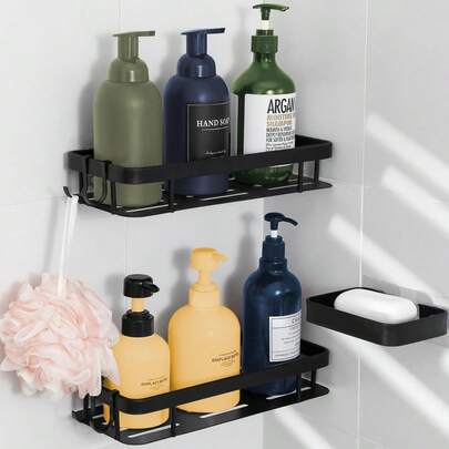 1 قطعة رف استحمام بدون ثقب، رف تخزين حمام مع طبق صابون، سلال تنظيم للمستحضرات الصحية والمستحضرات التجميلية ولوازم المطبخ