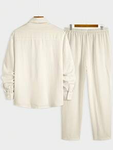 Men Breathable Casual Textured Fabric Solid Color Lapel Button-Up Long Sleeve Pocket Design Loose Thin Shirt, Paired With Solid Color Pants, Ideal For Outings And Commuting, 2 Pieces Set, Fall Clothes - Apricot - View 2