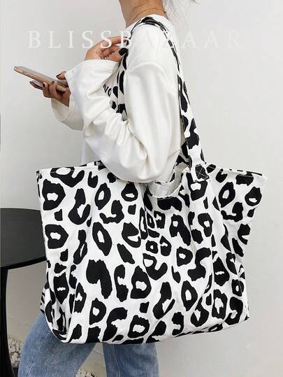 Leopard Pattern Canvas Shopper Bag School Bag,Large Capacity,Portable, Suitable For Teen Girls Women College Students, Perfect For Back To School,First Day Of School,Middle School, High School,Shopping,Holiday, Leopard Print Bag