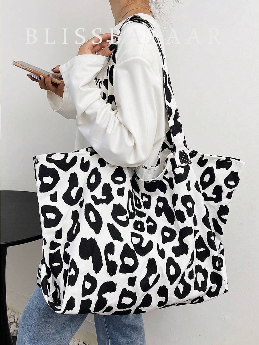 豹纹帆布购物袋书包，容量大，便携，适合少女、女大学生，非常适合返校、开学第一天、初中、高中、购物、度假，豹纹包 - 黑與白 - 查看 1