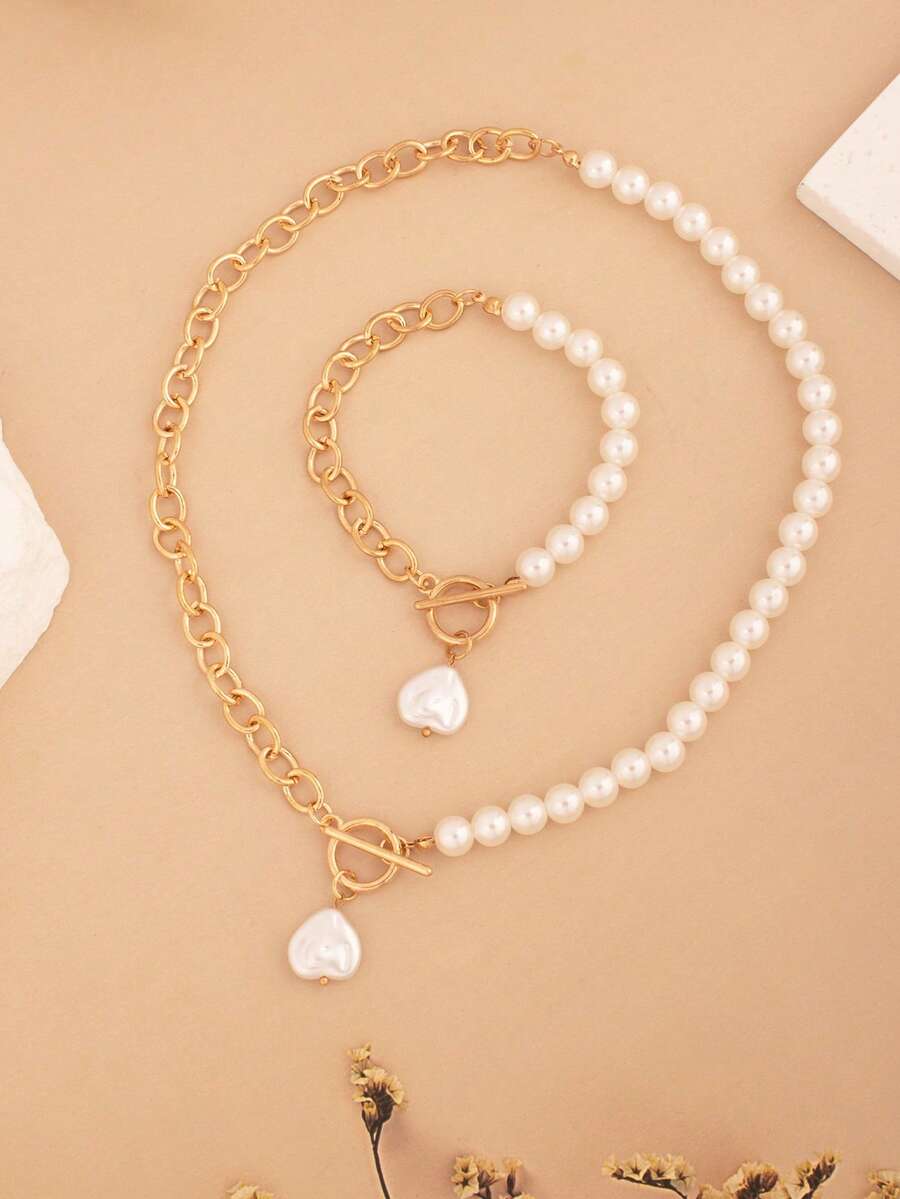 2pcs Fashion Simple Fashion Temperament Faux Pearl Bead Necklace Bracelet Jewelry Set OT Buckle Heart Pendant Suitable For Party Dating Gathering Party Matching Clothing To Wear