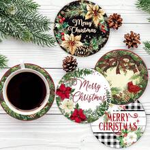 4 piezas/8 piezas Posavasos con tema navideño, posavasos absorbentes con estampado navideño para café, cocina, mesa, habitación, decoración de bar, regalo navideño - Multicolor - Ver 11
