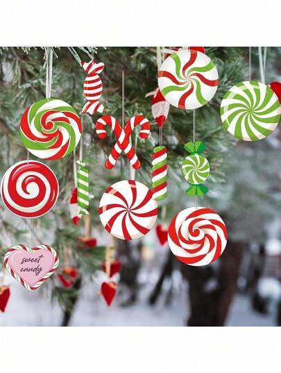 12pcs Christmas Hanging Ornaments - Christmas Tree Candy Hanging Ornaments, Red & White Candy Cane Hanging Decorations, Party Background Decor, Candy Heart Wood Hanging Ornaments, Suitable For Christmas And New Year