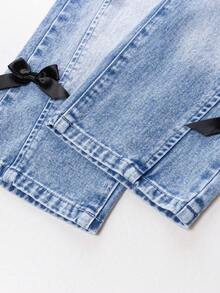 青少年女孩字母图案印花圆领长袖上衣和牛仔裤套装 - 灰色 - 查看 7