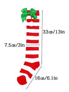 1 par de calcetines largos a la rodilla con rayas, pompones y moños para niñas y adolescentes en Navidad