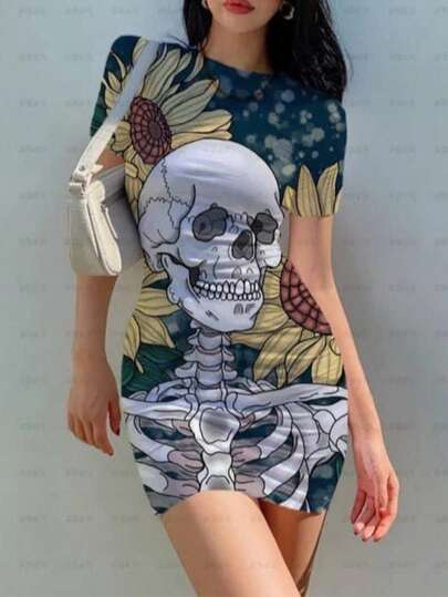 Vestido corto ajustado para dama unitalla 32 34 con estampado de calaveras coloridas y catrina floral ideal para Día de Muertos y Halloween, manga corta, mini vestido cómodo y femenino, prenda ligera de una sola pieza que estira ligeramente, no se transparenta, no se despinta al lavar, perfecto para fiesta temática, disfraces, reuniones, salidas nocturnas o uso casual, diseño llamativo que realza la silueta y combina con accesorios para un look único y original