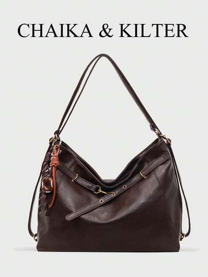 1 pieza Bolso de hombro de unicolor de PU CHAIKA & KILTER, bolso casual vintage de gran capacidad para mujer, decoración con ojetes, correa de hombro ajustable, cierre con cremallera, adecuado para compras diarias y viajes