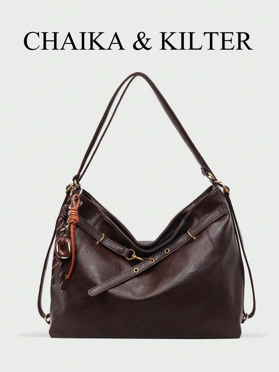 1 chiếc túi đeo vai CHAIKA & KILTER bằng da PU màu trơn, túi hobo cỡ lớn phong cách vintage thường ngày dành cho nữ, trang trí quai xách bằng khoen, dây đeo vai có thể điều chỉnh, khóa kéo, phù hợp cho mua sắm và đi làm hàng ngày.