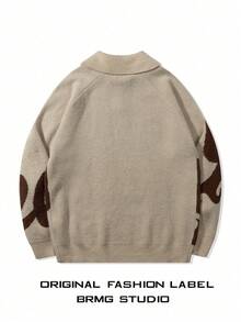 Maglione casual da uomo con colletto polo e motivo a lettera, nuova collezione primavera, top a maniche lunghe - Cachi - Visualizzare 2